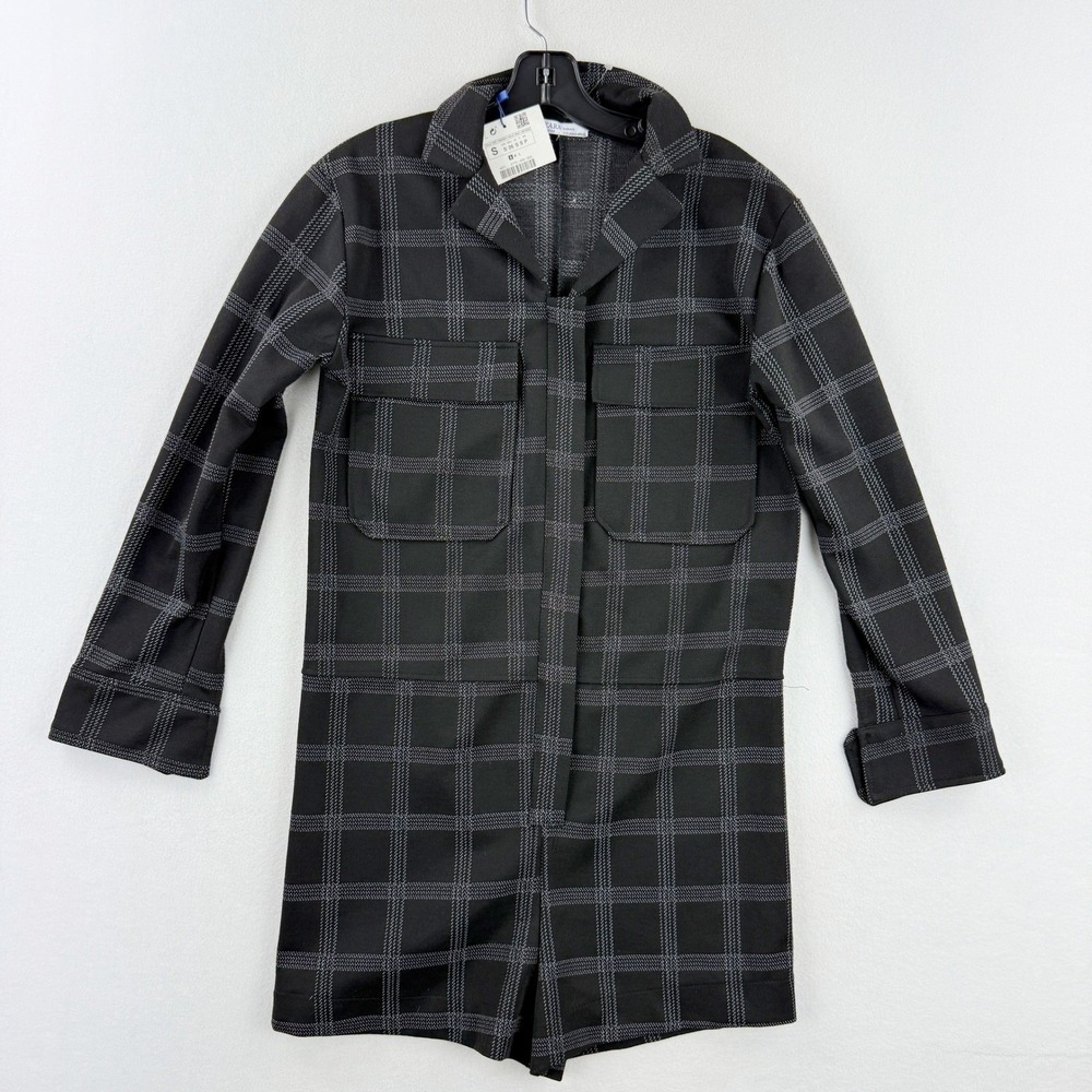 Zara Plaid Utility Romper Size S Women Black White Long Sleeve Zip Up Front